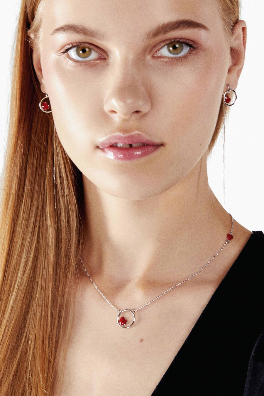 Lovesick Jewelry Sterling Silver Red Heart Threader Earrings Necklace